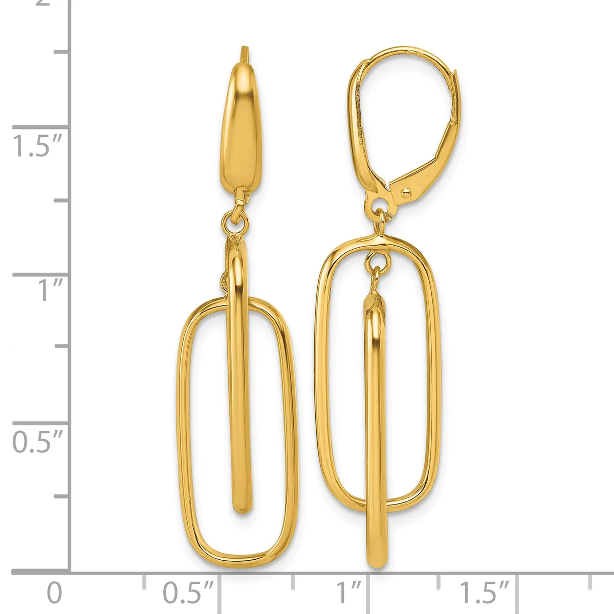 Gold-colored elongated oval drop earrings with leverback closures, shown next to a ruler measuring approximately 1.75 inches in length.