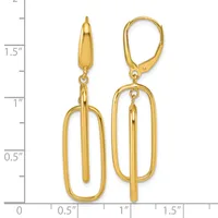 Gold-colored elongated oval drop earrings with leverback closures, shown next to a ruler measuring approximately 1.75 inches in length.