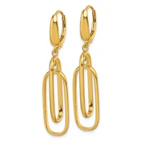 A pair of gold-toned dangling earrings with hinged posts, each featuring an open oval top connected to a larger nested oval shape below.