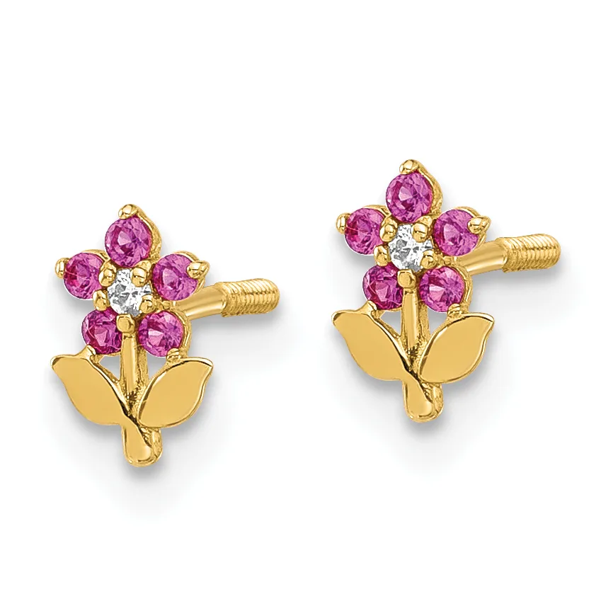 Pair of gold flower-shaped stud earrings with pink gemstone petals, diamond centers, and leaf-shaped bases with screw backs.