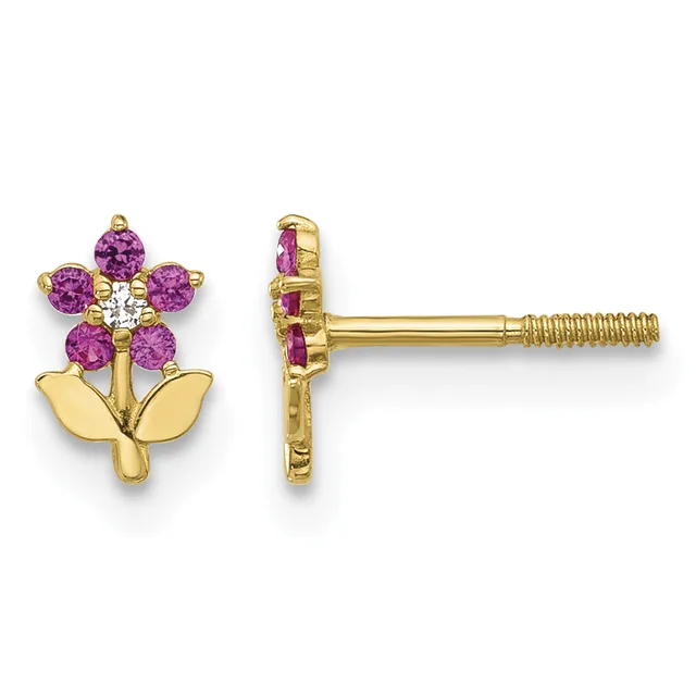 Pair of gold flower stud earrings with purple gemstone petals, a white gemstone center, and gold leaf-shaped bases, shown from front and back views.