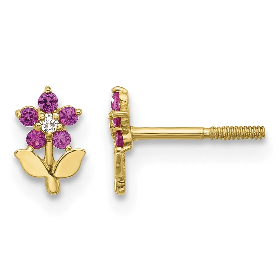 Pair of gold flower stud earrings with purple gemstone petals, a white gemstone center, and gold leaf-shaped bases, shown from front and back views.