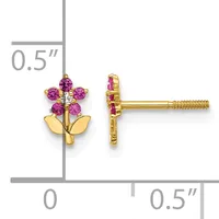 Pair of gold flower stud earrings with purple gemstone petals and leaf-shaped bases, shown front and side view with measurement scale indicating 0.5 inch height.