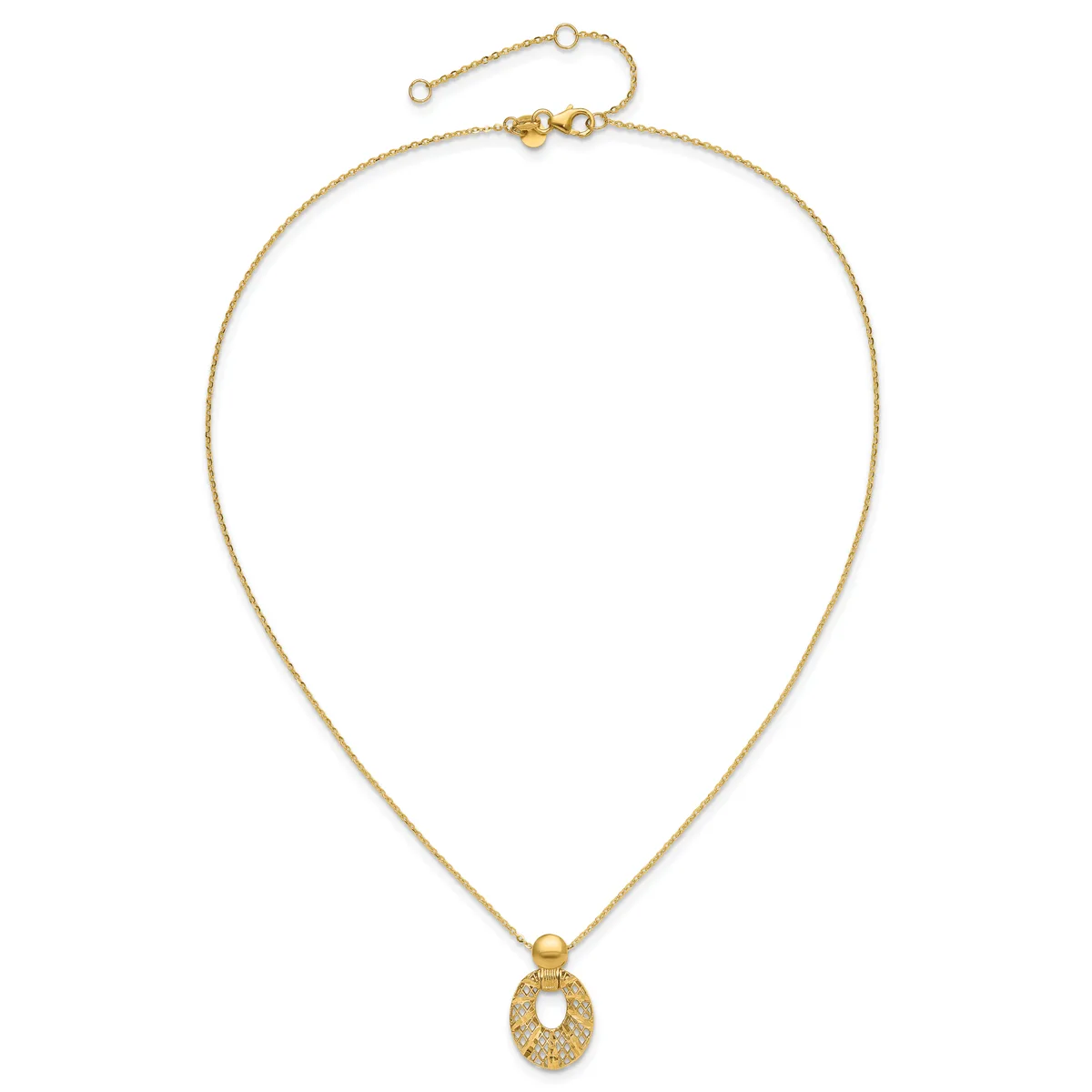 Gold-toned chain necklace with an adjustable clasp and a textured oval pendant hanging from the center.
