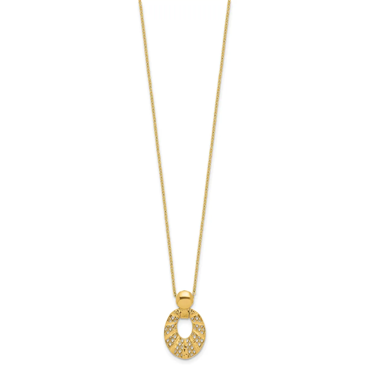 Gold-toned pendant necklace with a textured oval charm hanging from a delicate chain.