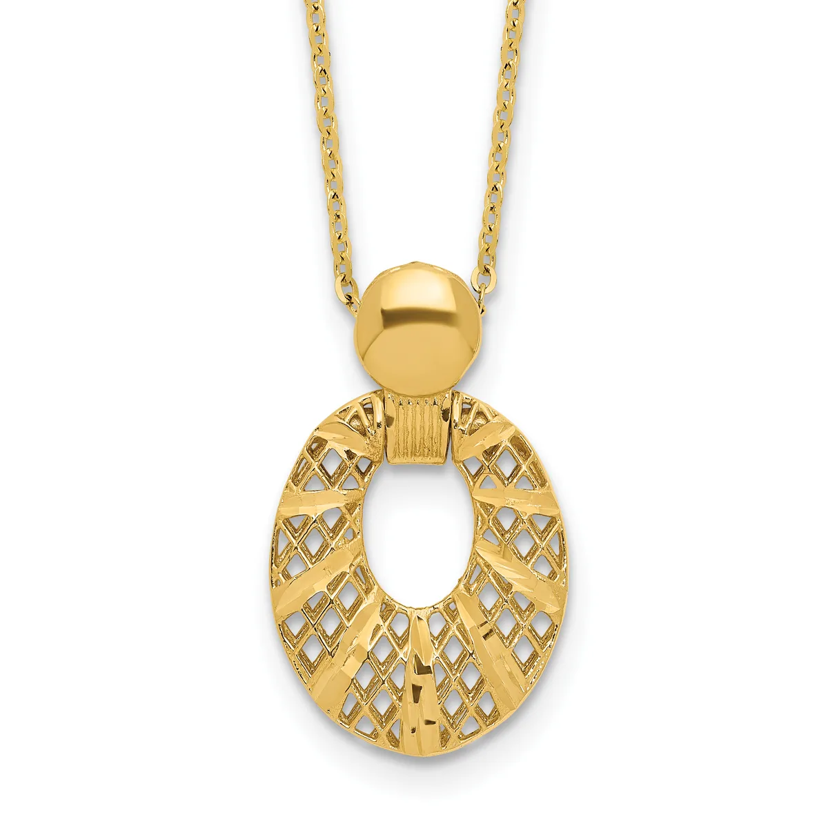 Gold pendant necklace featuring a polished sphere atop an open oval disk with diamond-pattern cutout design, suspended from a delicate chain.