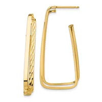 Pair of gold hoop earrings, one with a textured diagonal pattern and one smooth, both with rectangular curved shapes and post backs.