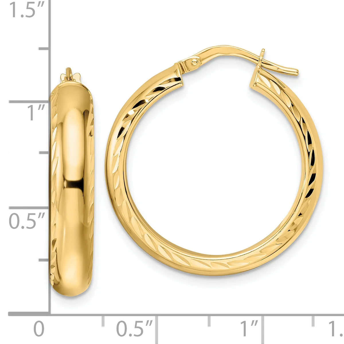 Pair of polished gold hoop earrings with textured inner surfaces, shown next to a ruler measuring approximately one inch in diameter.