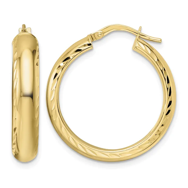 A pair of polished gold hoop earrings with textured surfaces shown from front and side views against a white background.