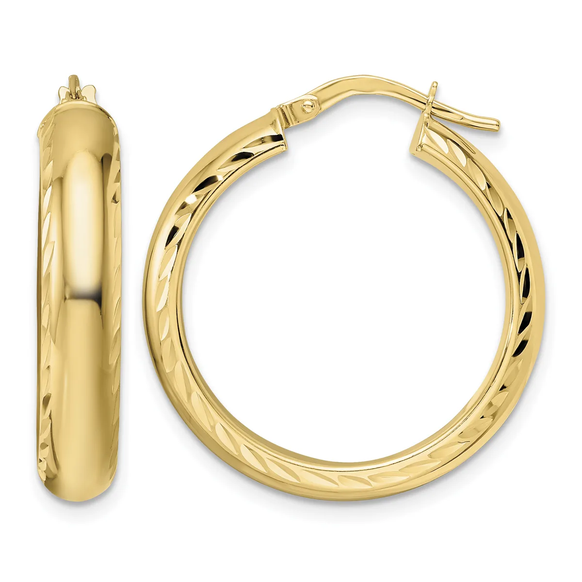 A pair of polished gold hoop earrings with textured surfaces shown from front and side views against a white background.