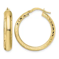 A pair of polished gold hoop earrings with textured surfaces shown from front and side views against a white background.
