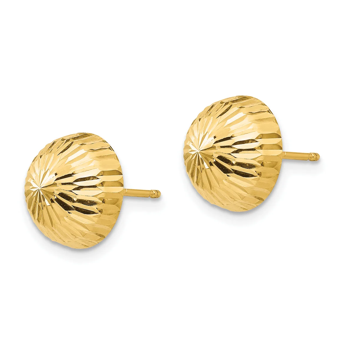 A pair of gold stud earrings with domed, textured surfaces featuring a radial sunburst pattern, shown from the front against a white background.