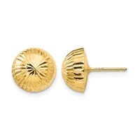 A pair of gold stud earrings with a textured dome design, shown from front and side views with posts and backs visible.