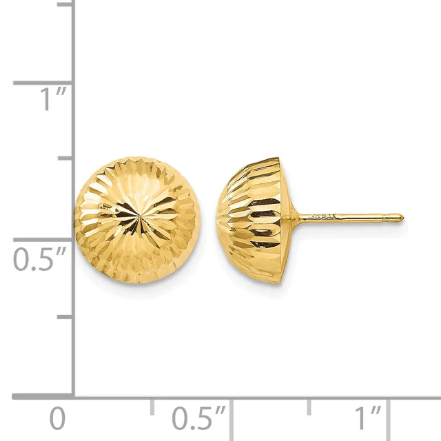 Two gold stud earrings with a textured, ridged dome design shown next to a measurement ruler indicating they are approximately half an inch in diameter.