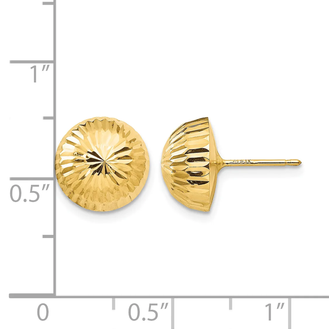Two gold stud earrings with a textured, ridged dome design shown next to a measurement ruler indicating they are approximately half an inch in diameter.