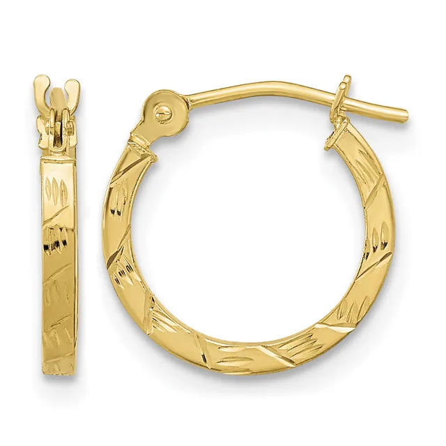 Pair of gold hoop earrings with textured diagonal surface pattern and clasp closures, shown from front and side views.