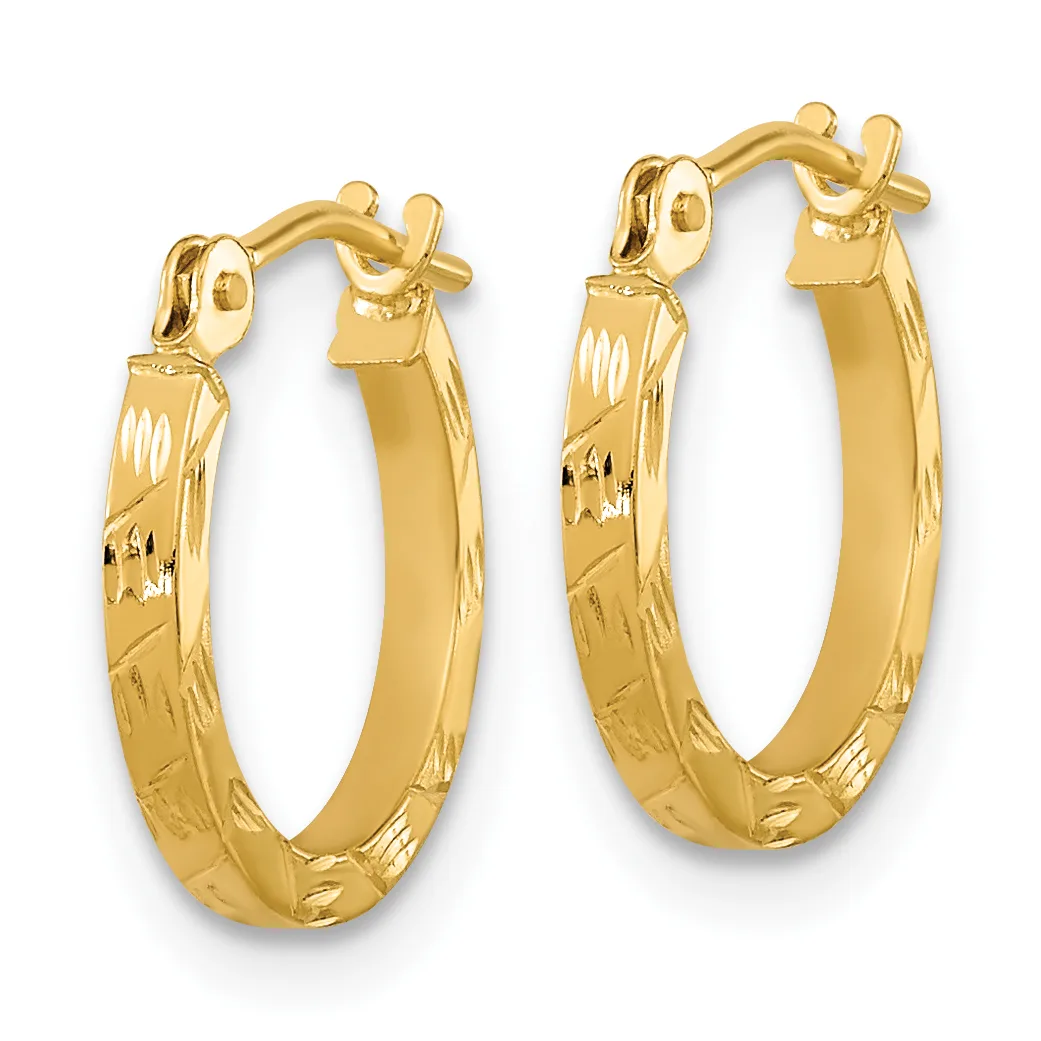 Pair of gold hoop earrings with textured surfaces and cross-shaped posts, displayed against a white background.