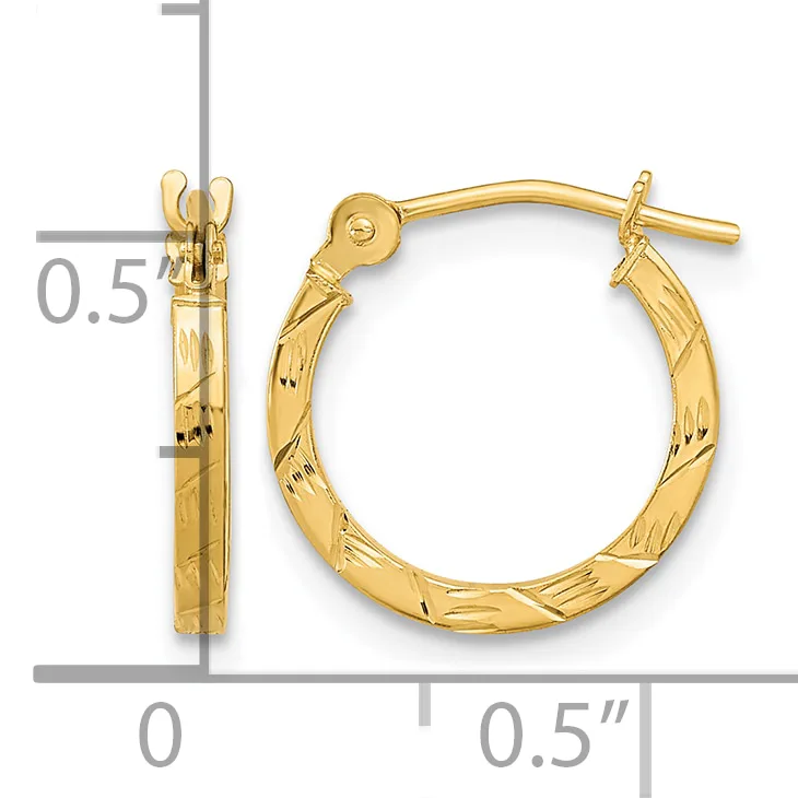 Gold-toned hoop earrings with a textured diagonal pattern, measuring approximately 0.5 inches in diameter, shown with a measurement scale.