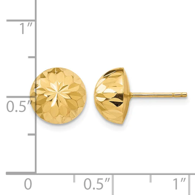 Pair of gold stud earrings with dome-shaped faceted design, shown next to ruler indicating approximately half-inch diameter.