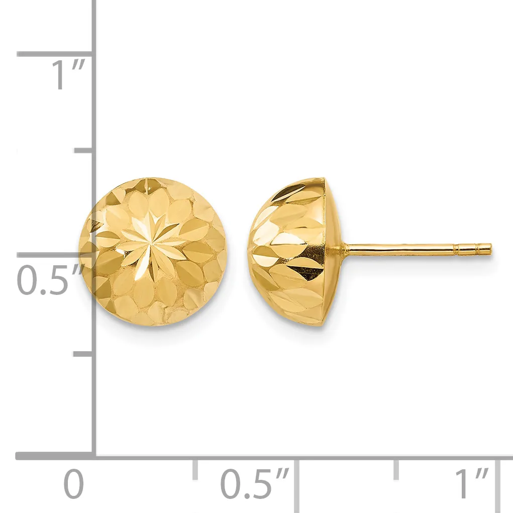 Pair of gold stud earrings with dome-shaped faceted design, shown next to ruler indicating approximately half-inch diameter.