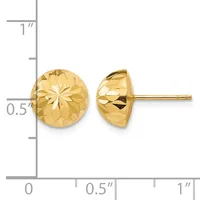 Pair of gold stud earrings with dome-shaped faceted design, shown next to ruler indicating approximately half-inch diameter.