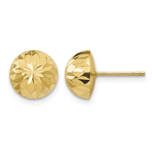 Pair of gold stud earrings with diamond-cut spherical heads shown from front and side views on posts.