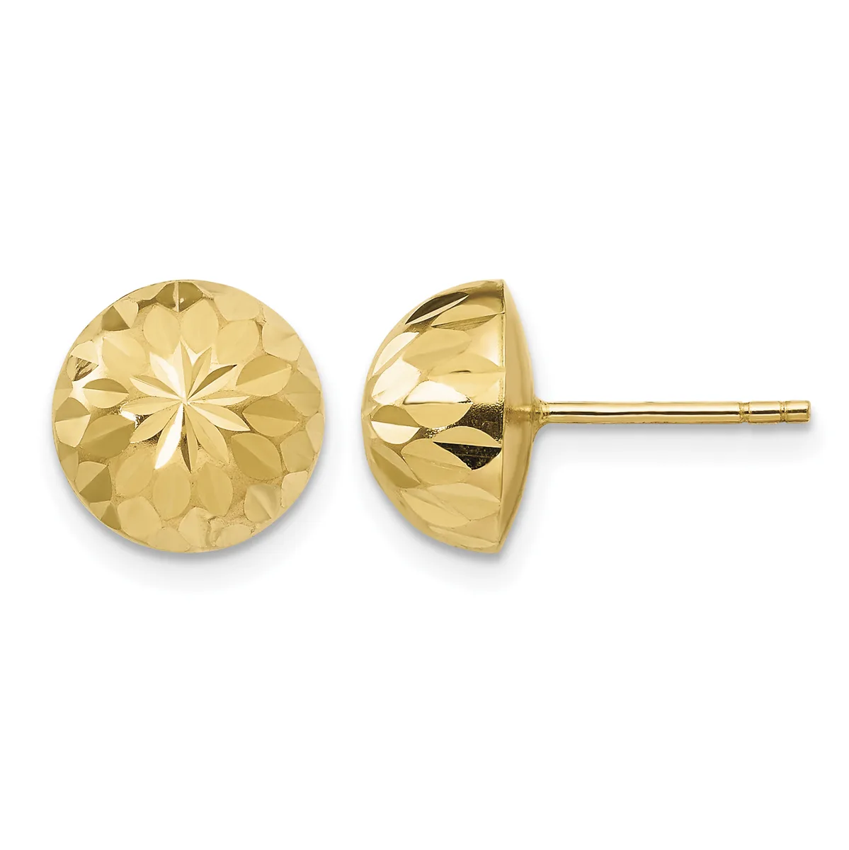 Pair of gold stud earrings with diamond-cut spherical heads shown from front and side views on posts.
