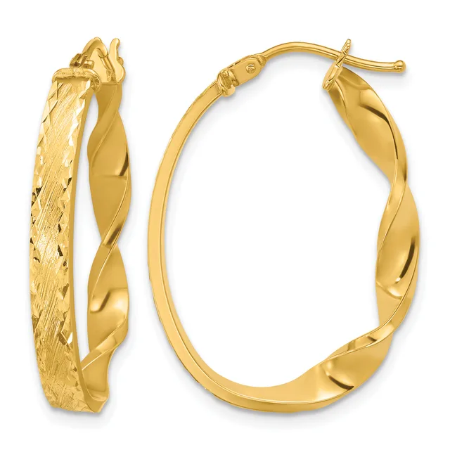 A pair of gold twisted hoop earrings with textured and polished surfaces, shown from front and side views with posts and backs.