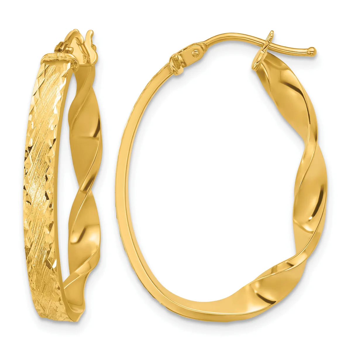 A pair of gold twisted hoop earrings with textured and polished surfaces, shown from front and side views with posts and backs.