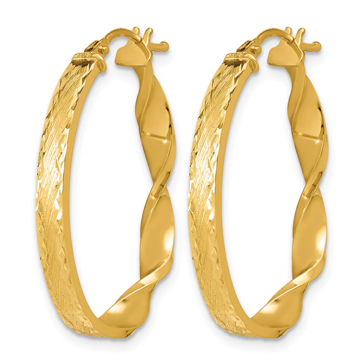 Pair of gold hoop earrings with twisted surfaces and textured finish, shown from the front against a white background.