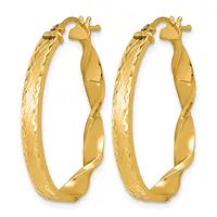 Pair of gold hoop earrings with twisted surfaces and textured finish, shown from the front against a white background.