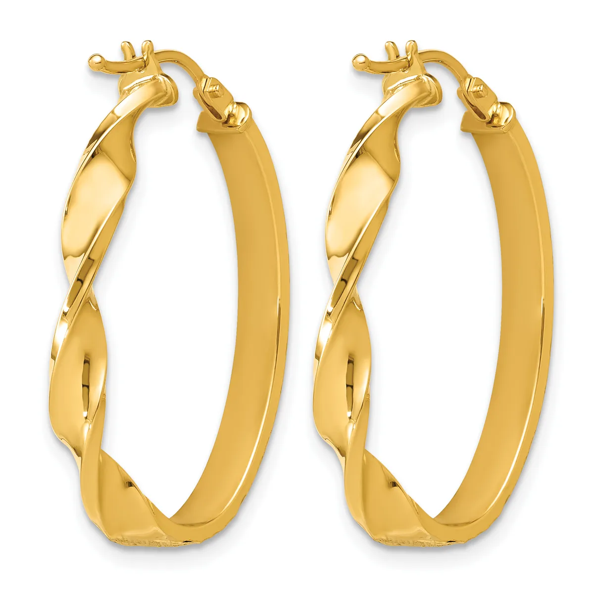 Pair of gold twisted hoop earrings with textured surfaces and hinged closures, shown from the front.