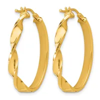 Pair of gold twisted hoop earrings with textured surfaces and hinged closures, shown from the front.