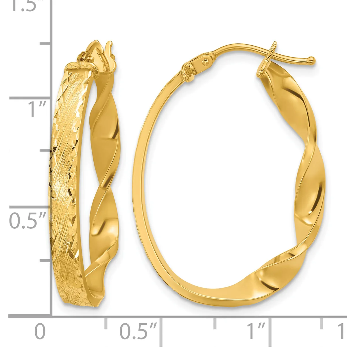 A pair of twisted gold hoop earrings with textured and polished surfaces, displayed against a measurement scale showing they are approximately one inch in length.