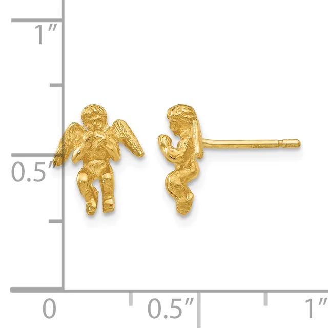 Gold cherub stud earrings shown next to a ruler measuring approximately half an inch in height.