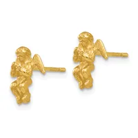 Pair of gold cherub stud earrings with detailed facial features and wings, shown from the front against a white background.
