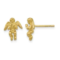 Pair of gold cherub stud earrings shown from front and back views, featuring winged angelic figures with detailed facial features and flowing hair on straight posts.