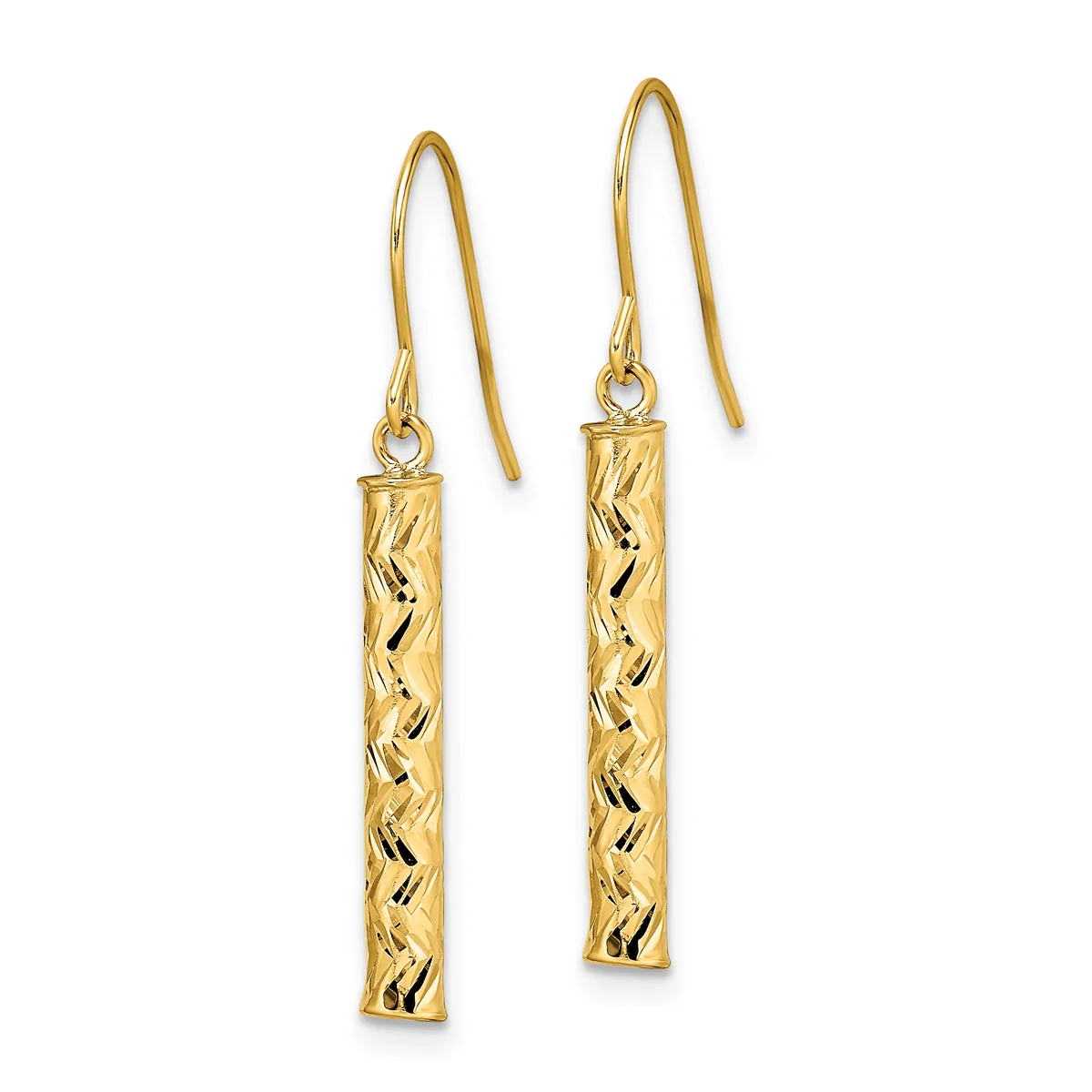 Pair of gold drop earrings with textured cylindrical pendants and wire hooks, displayed against a white background.