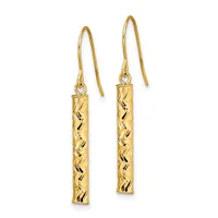 Pair of gold drop earrings with textured cylindrical pendants and wire hooks, displayed against a white background.