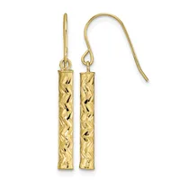 Pair of gold cylindrical tube earrings with diagonal textured pattern, suspended from curved hook-style ear wires.