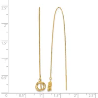 Three gold threader earrings displayed against a ruler showing heights up to 2.5 inches: one with a circular knot pendant, one with a tassel, and one plain bar design.