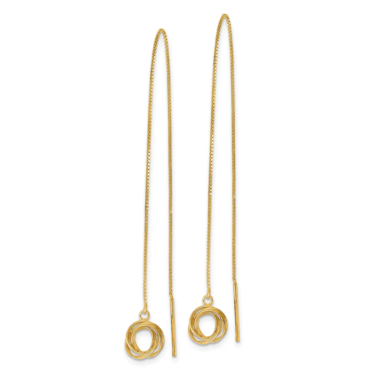 Pair of gold threader earrings with thin chain strands threaded through small circular loops, displayed against a white background.