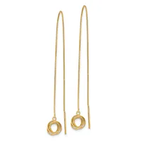 Pair of gold threader earrings with thin chain strands threaded through small circular loops, displayed against a white background.