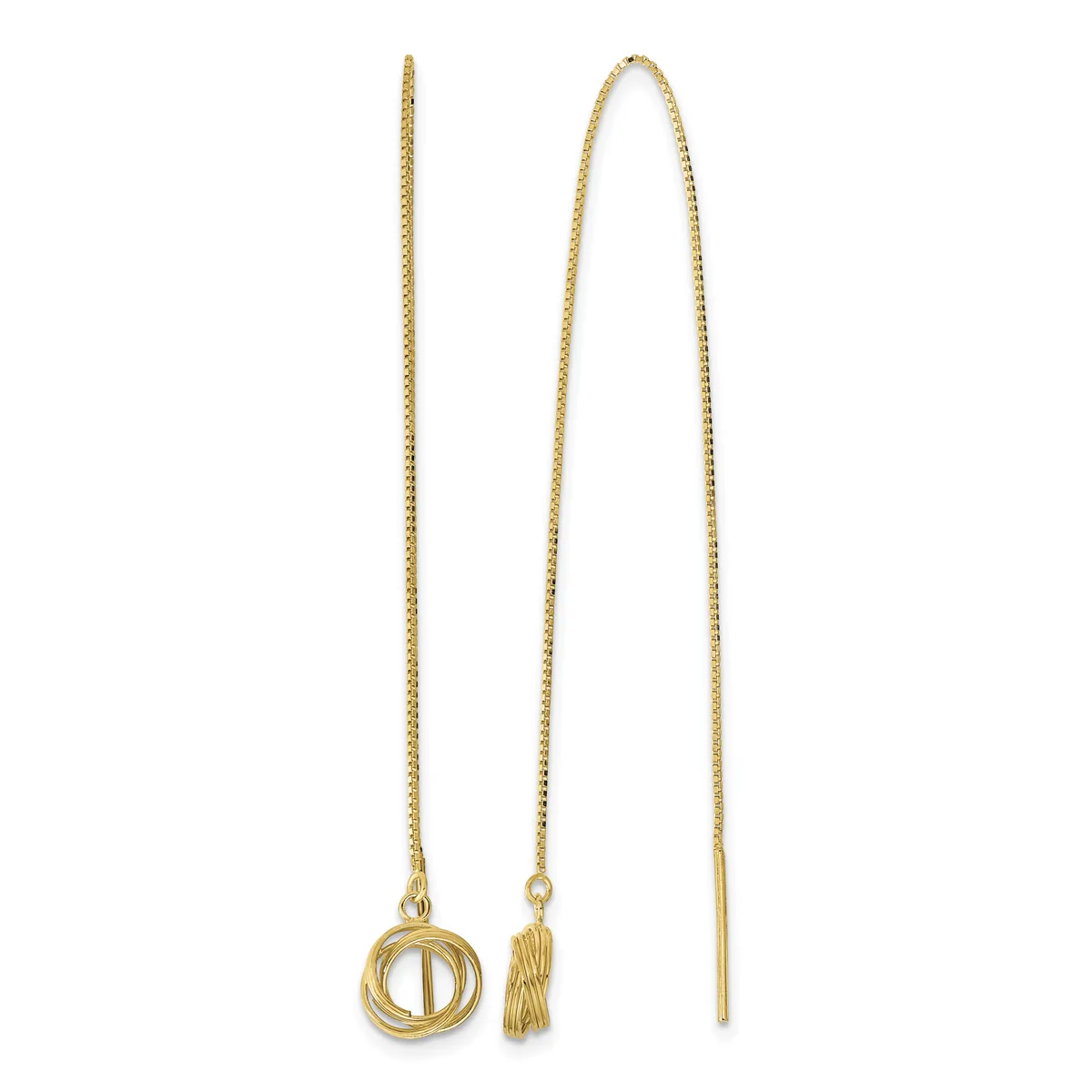 Three gold threader earrings displayed against a white background, each featuring a thin chain with different pendant designs including a circular knot motif and a textured bead.