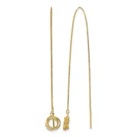 Three gold threader earrings displayed against a white background, each featuring a thin chain with different pendant designs including a circular knot motif and a textured bead.