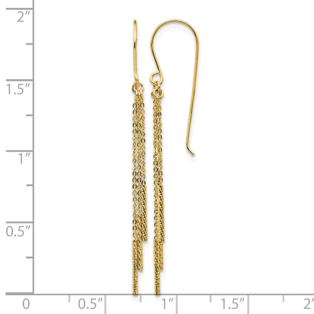 Gold-toned chain dangle earrings with curved hook wires, displayed against a ruler showing approximately two inches in length.