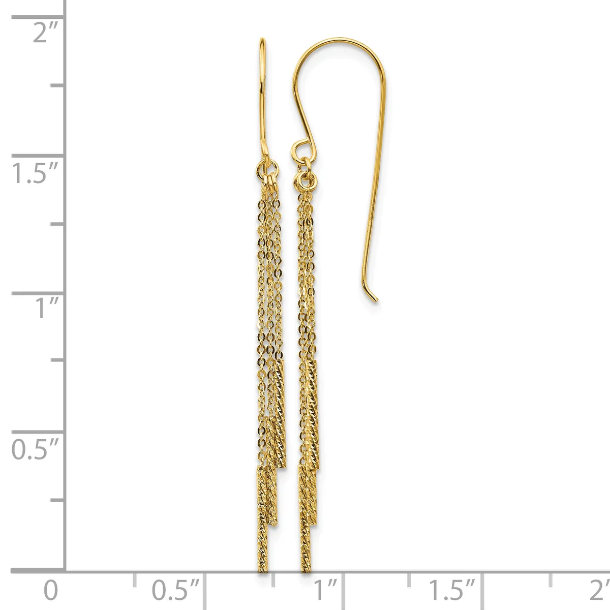 Gold-toned chain dangle earrings with curved hook wires, displayed against a ruler showing approximately two inches in length.