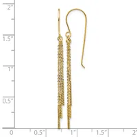 Gold-toned chain dangle earrings with curved hook wires, displayed against a ruler showing approximately two inches in length.