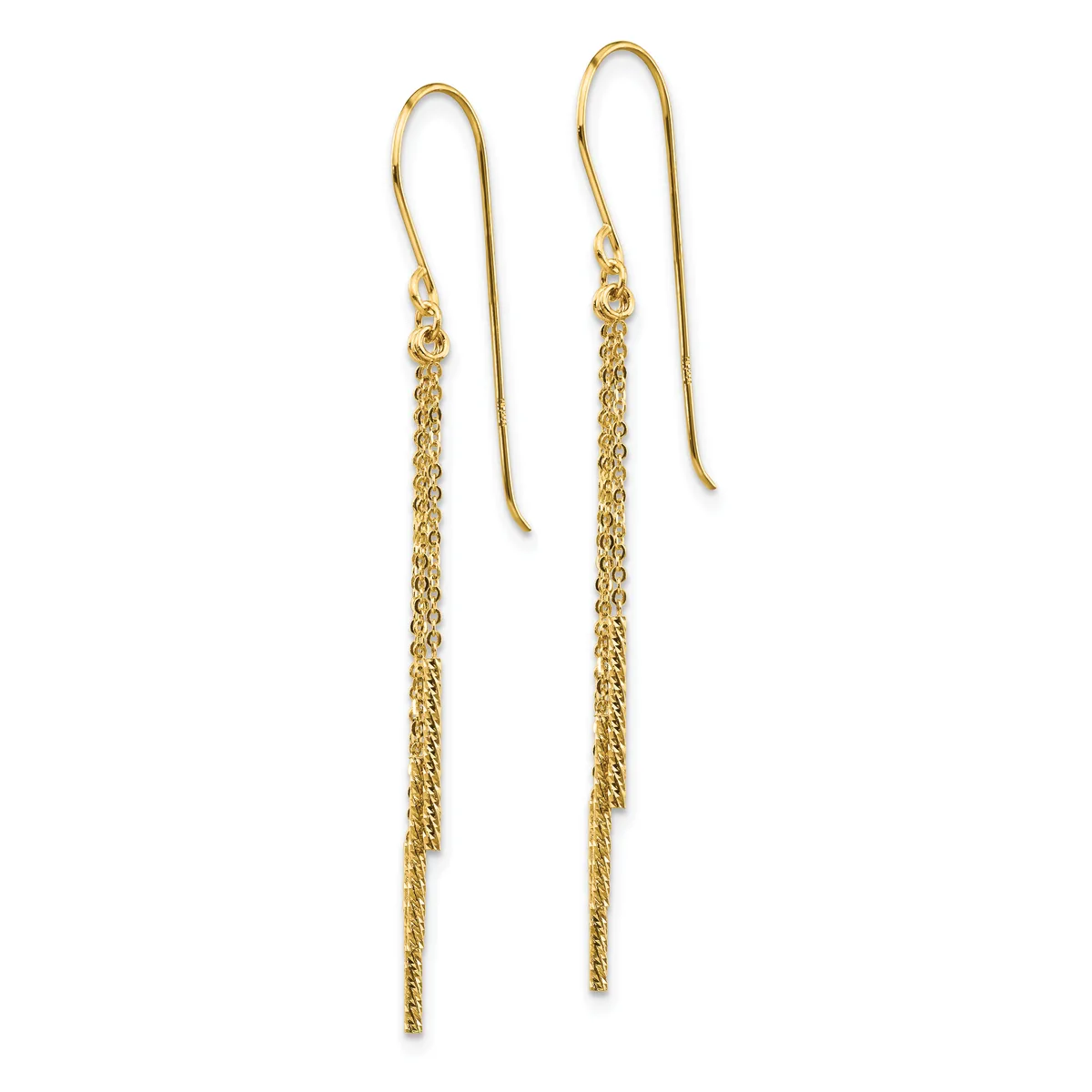 A pair of gold threader earrings with chain tassels hanging from curved ear wires.