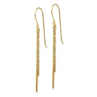 A pair of gold threader earrings with chain tassels hanging from curved ear wires.